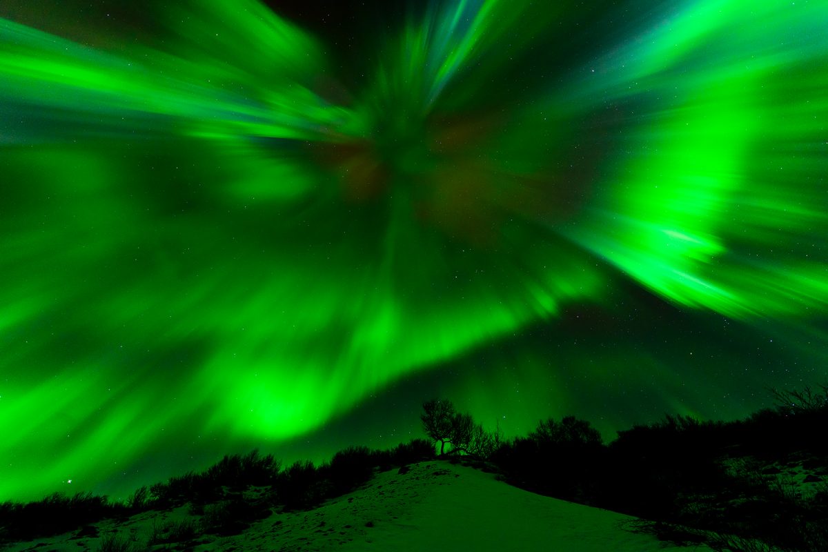 Photograph of Northern Lights, green swirl of light