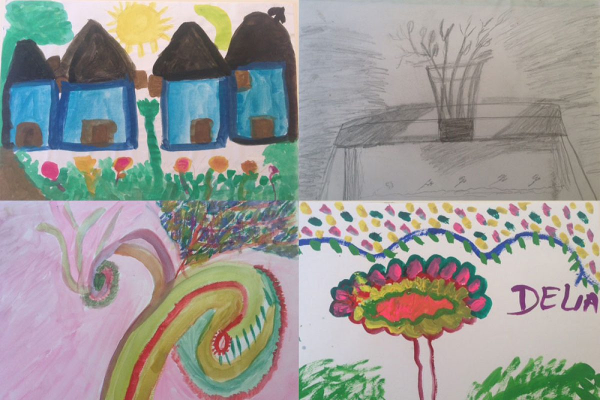 Four drawings of a row of blue houses, a table with a plant, and two bright abstract shapes that might be flowers