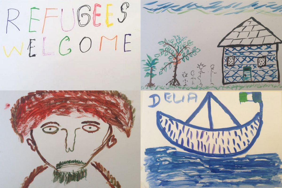 Drawings with the words refugees welcome, a mans face, a house with people outside and a boat on the water