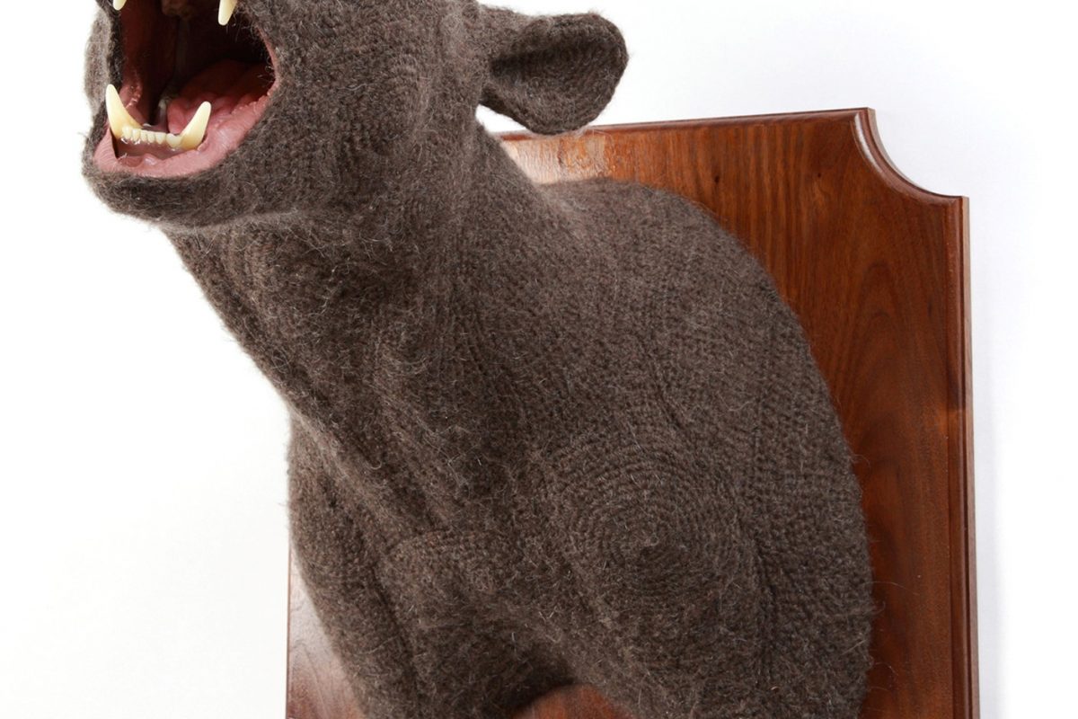 knit sculpture of bear head