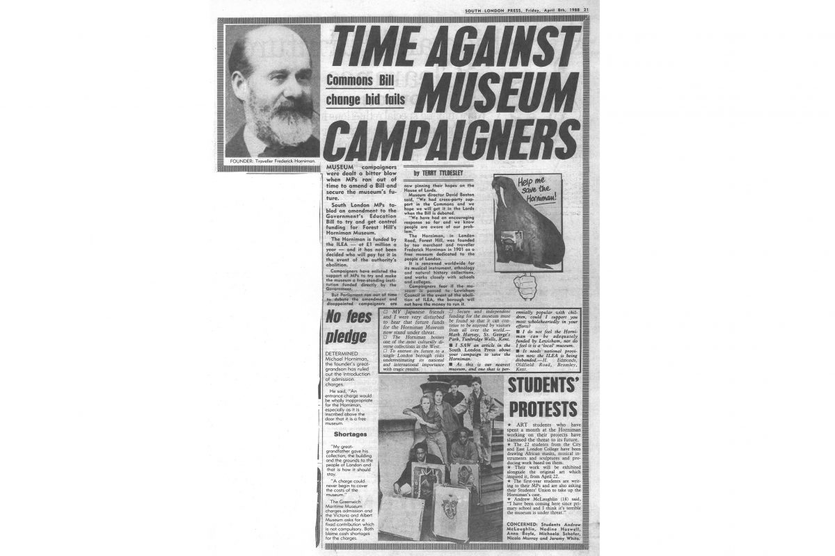 Article from the South London Press, dated April 1988, drawing attention to the multi-generational campaign groups supporting the Horniman Museum. Titled Time against museum campaigners.