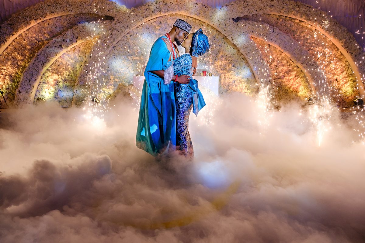 A bride and groom in blue