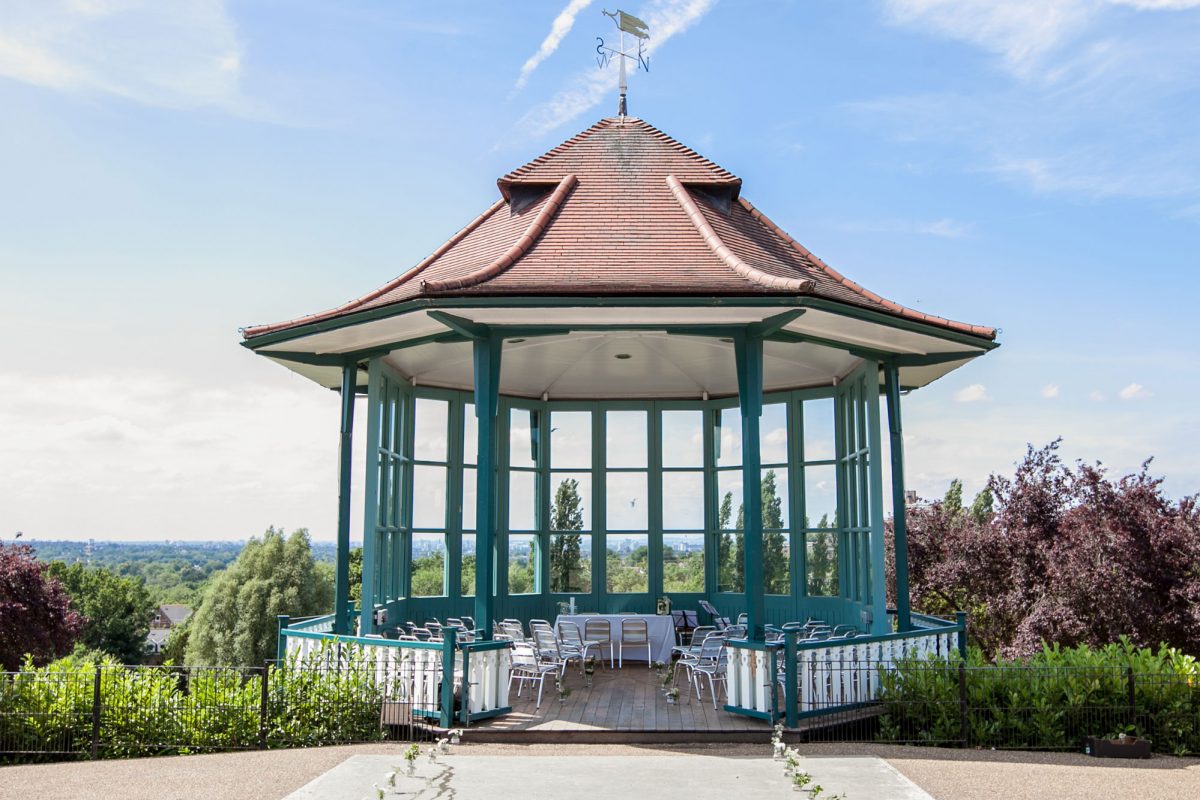 A bandstand, set up for a wedding