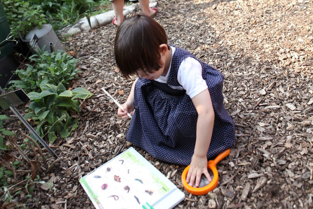 A young girl looking for insects on teh Nature Trail