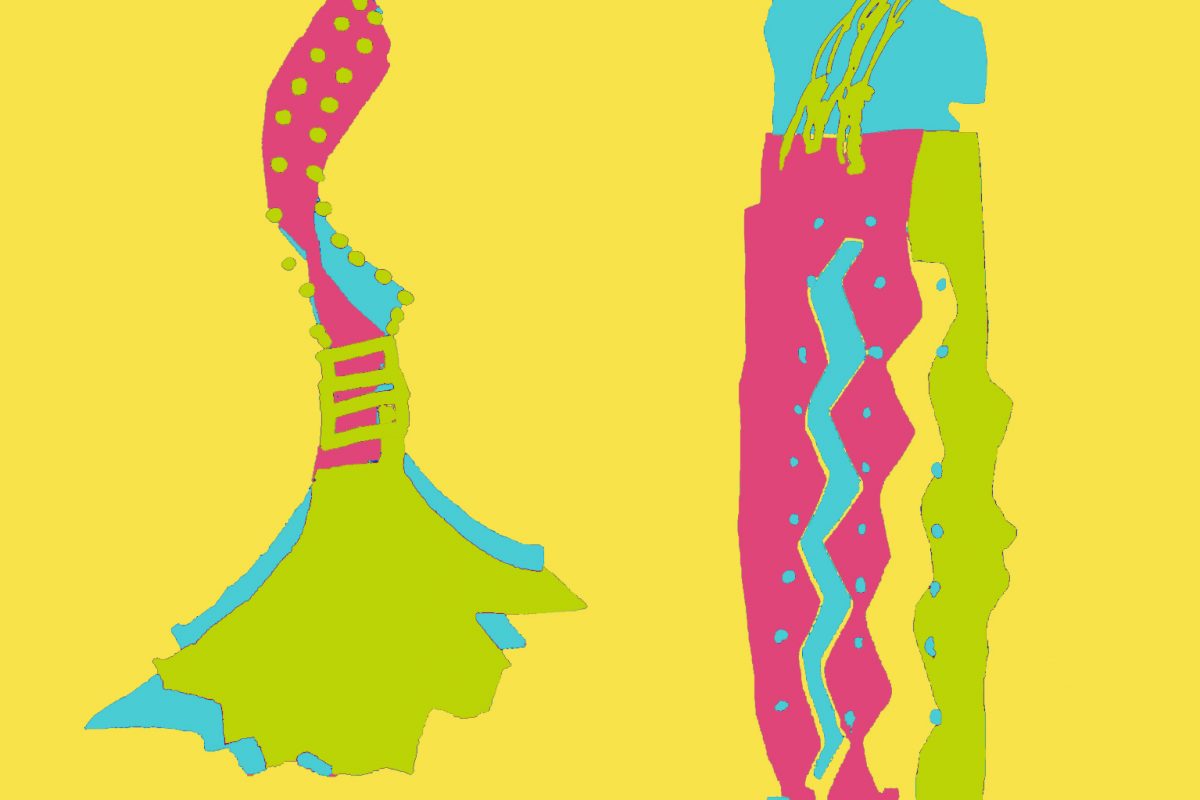 A yellow background with an artists impression of some feathers in a rope and a beaded cylinder - both shapes are pink green and blue