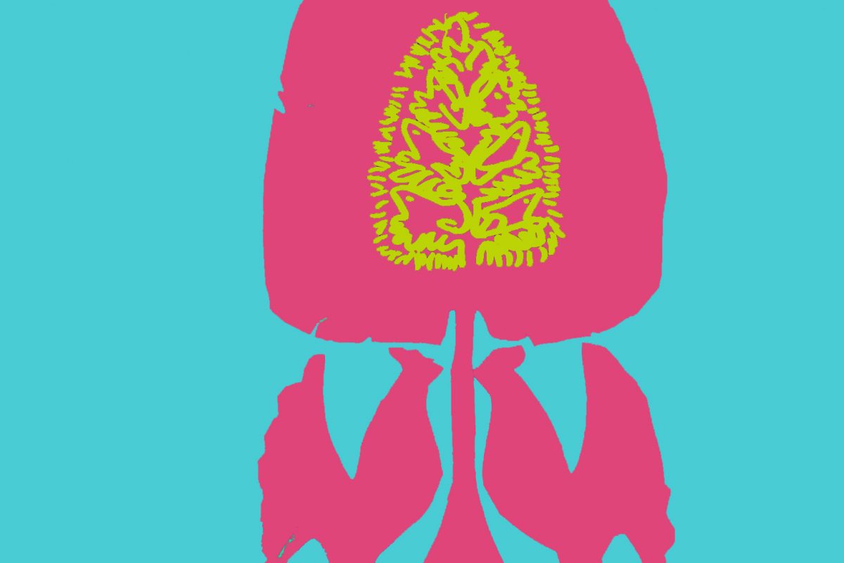 An drawing of a pink papercut, with two cockerels standing beneath a tree on a blue background