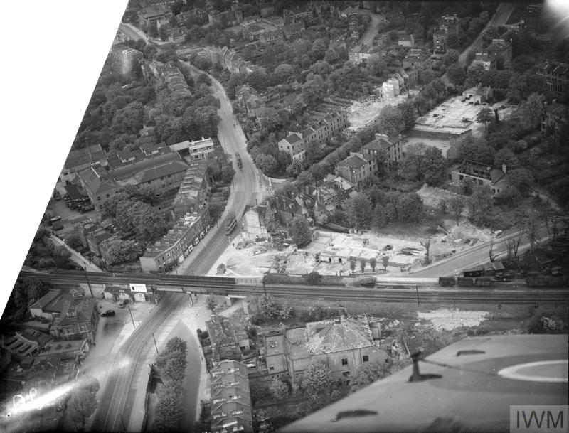 aerial shot of Lewisham Road with bomb damage