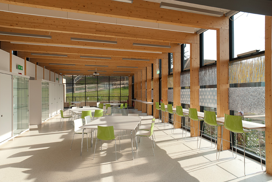 Inside the Horniman pavilion. Tables and chairs are dotted around