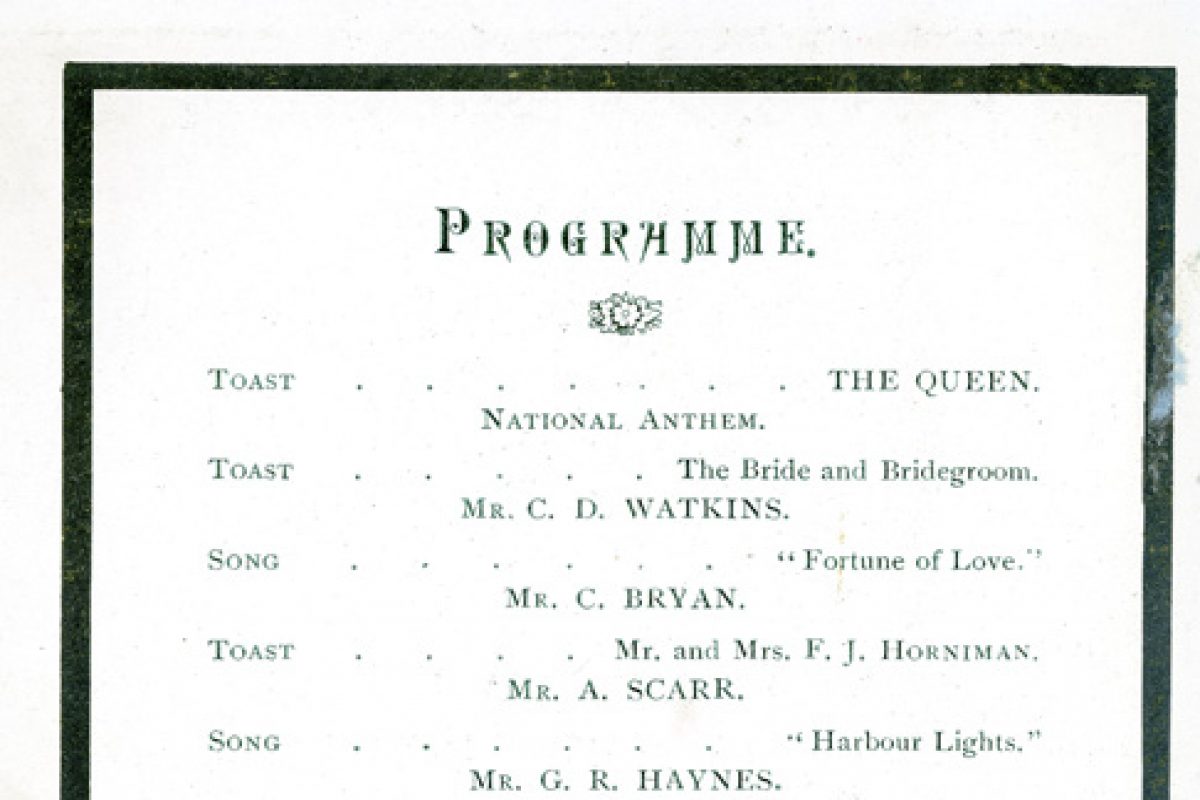 A programme of toasts and dancing for the wedding banquet of Emslie and Laura Horniman in 1886.