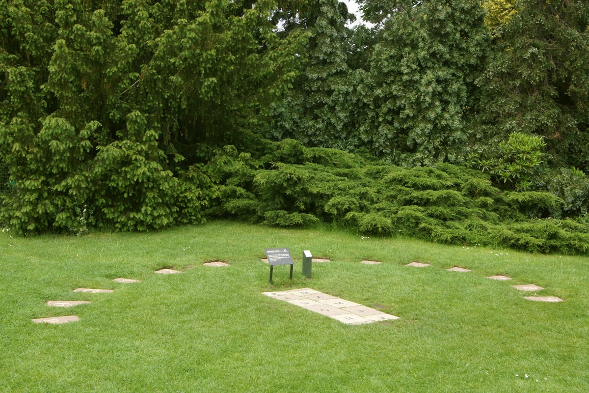 A series of stone flagstones on grass, acting as a sundial