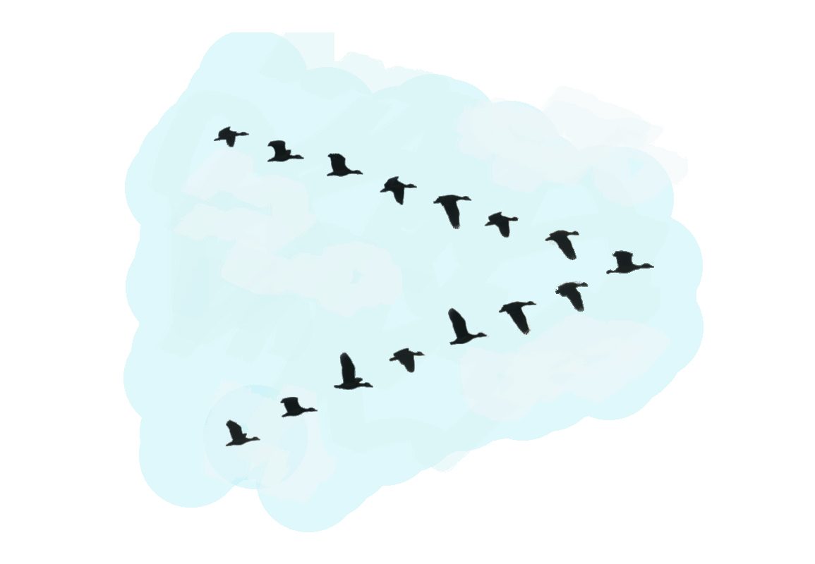 A water painting of a flock of birds silhouette in blue sky.