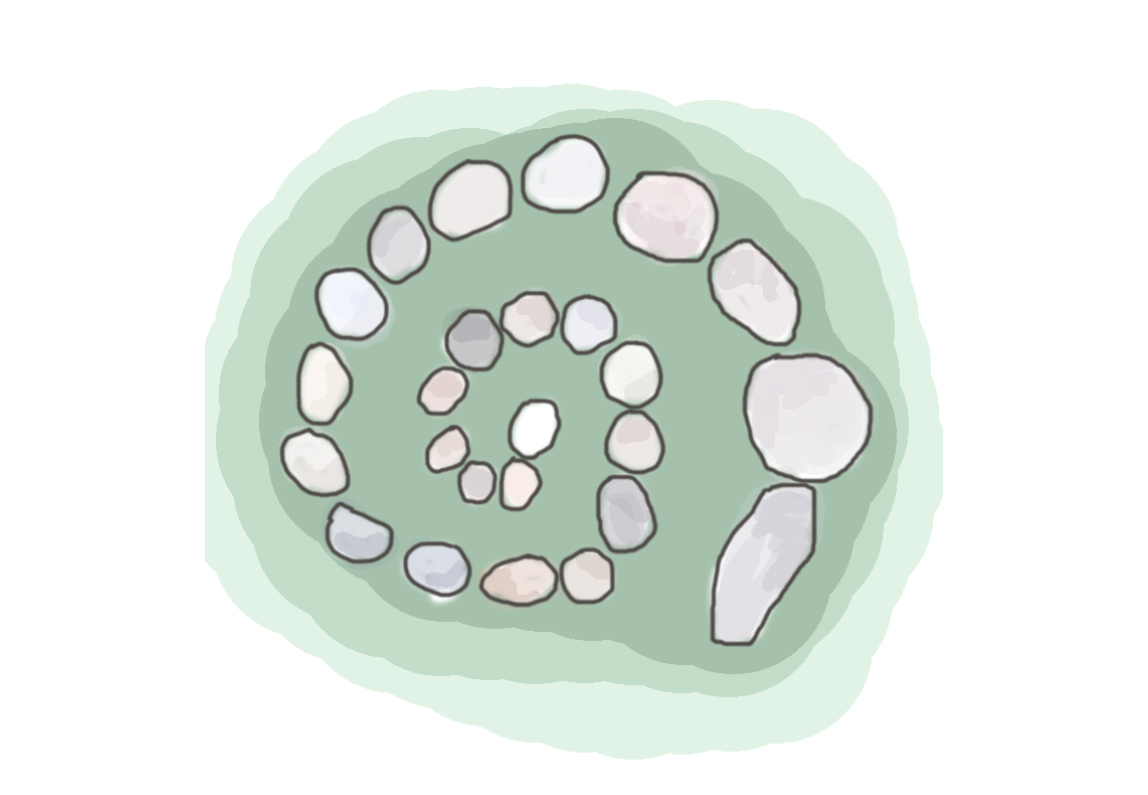 Illustration of angular stones in a spiral formation with off green colour surrounding the spiral.