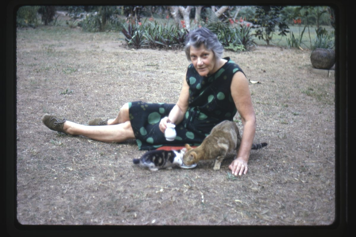 Woman sitting outside on ground with two cats.