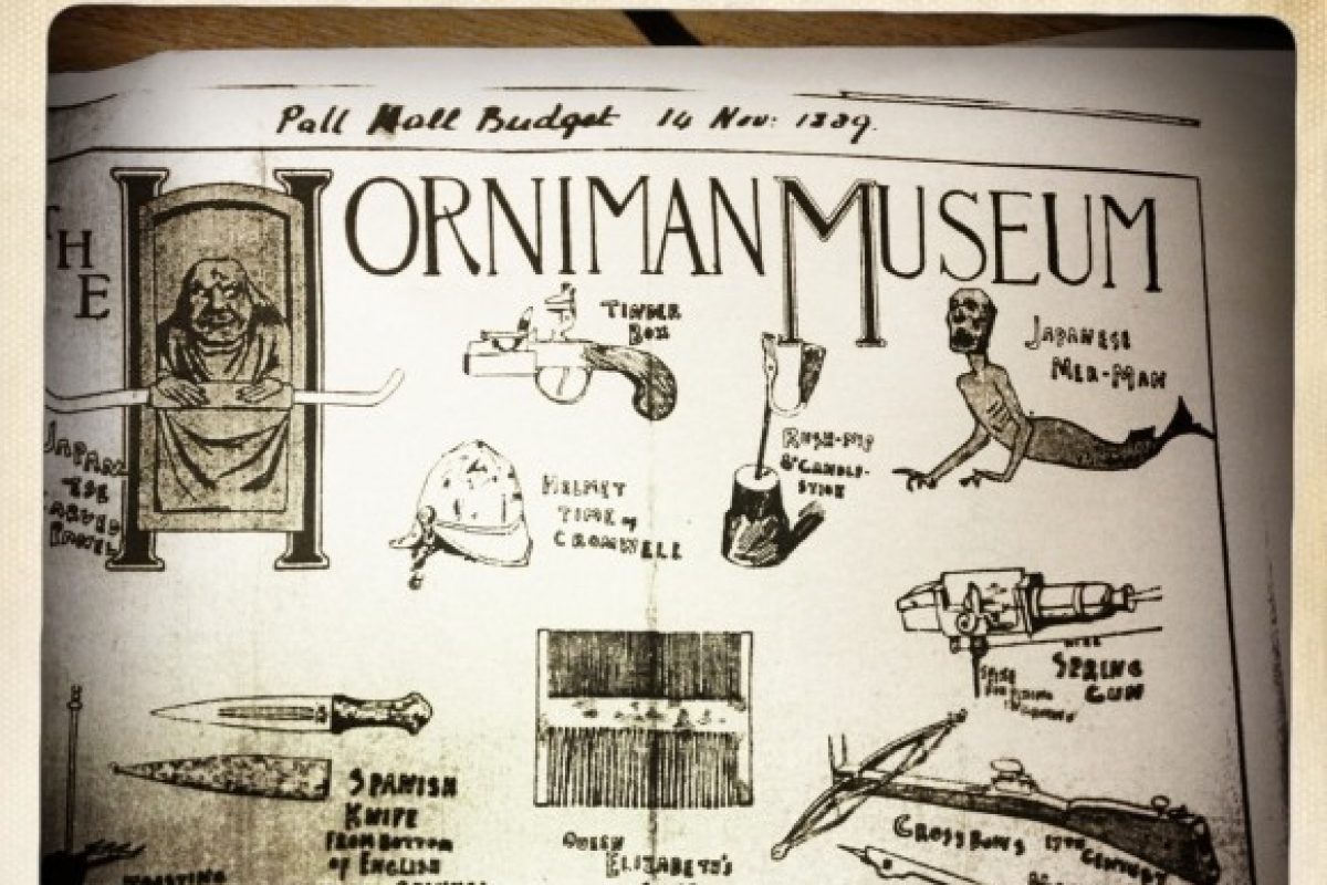 An old drawing of objects with Horniman Museum written at the top