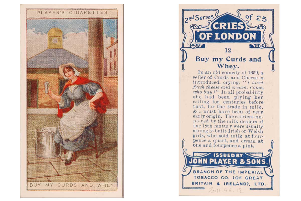 Image shows the front and back of a cigarette card depicting a milk maid on the front and explaining the tradition of the milk seller on the back