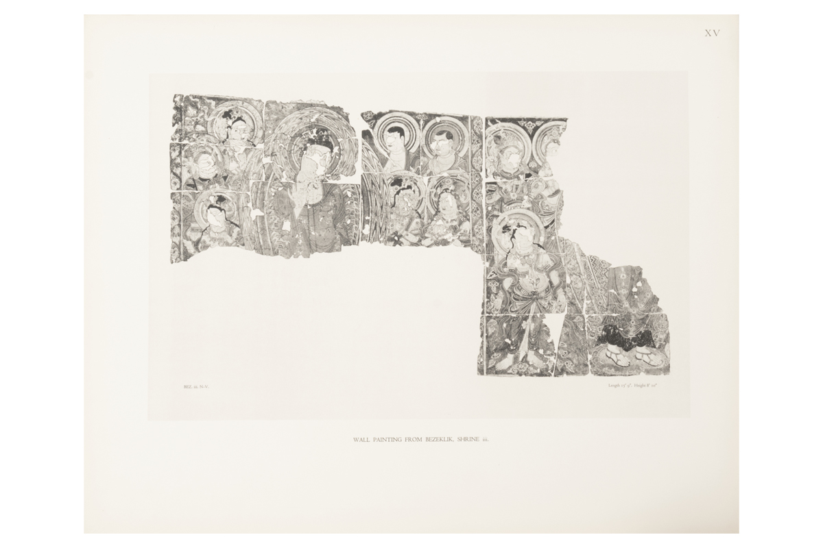 Black and white plate showing seven sections of wall paintings from Bezeklik Shrine iii, with Roman numeral XV in the corner.