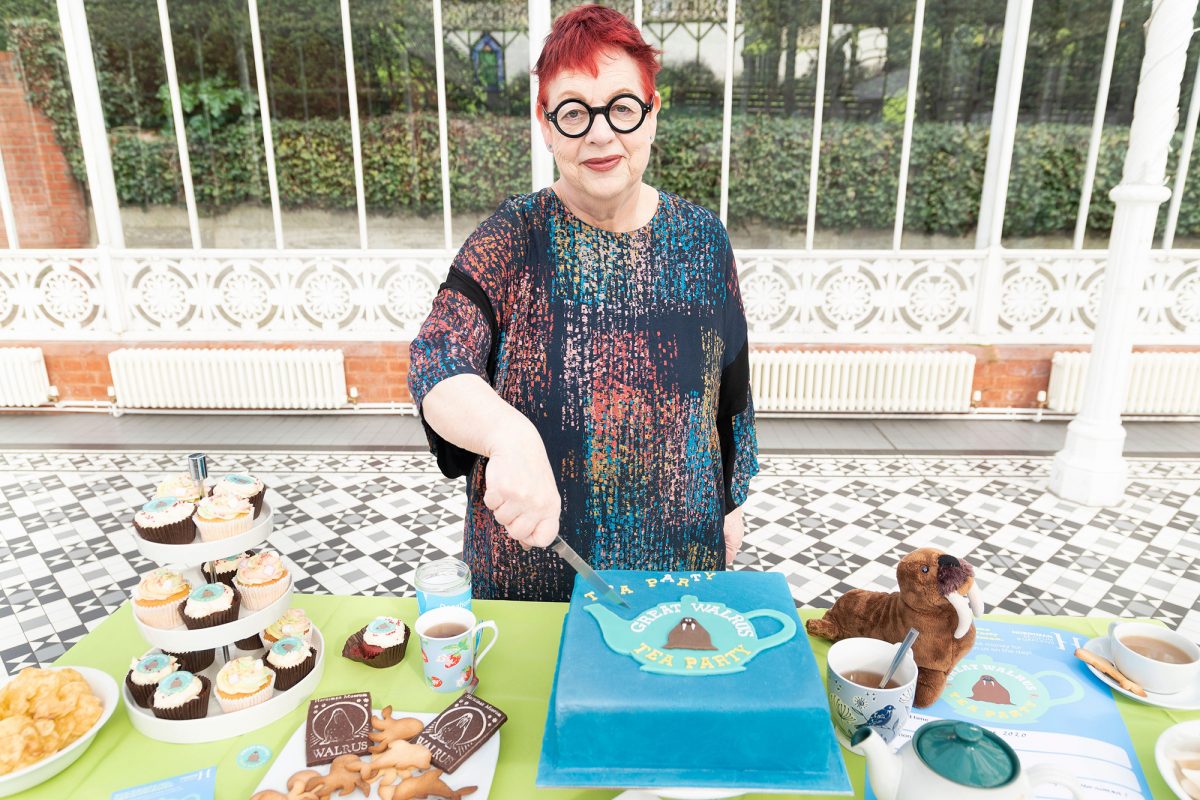 Jo Brand in the Horniman Conservatory at a tea party