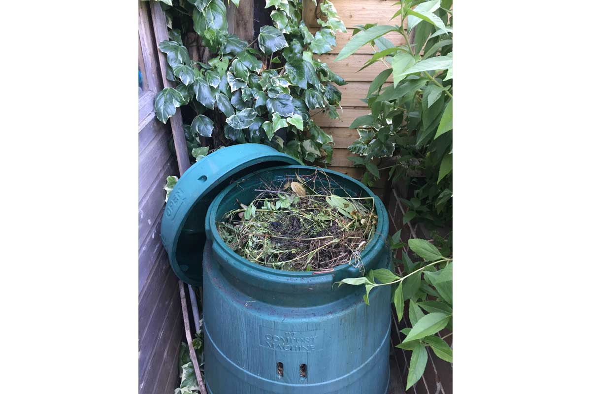 Compost and scraps inside a compost bin