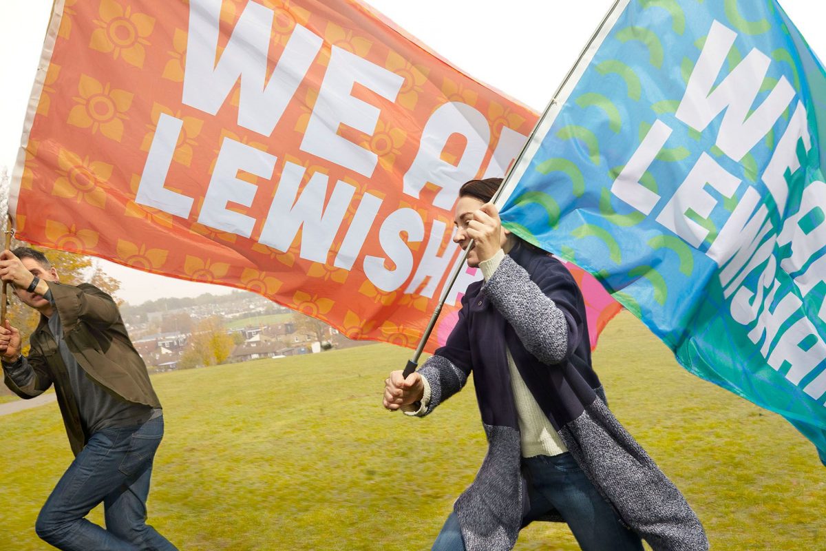 Giant flags saying we are lewisham