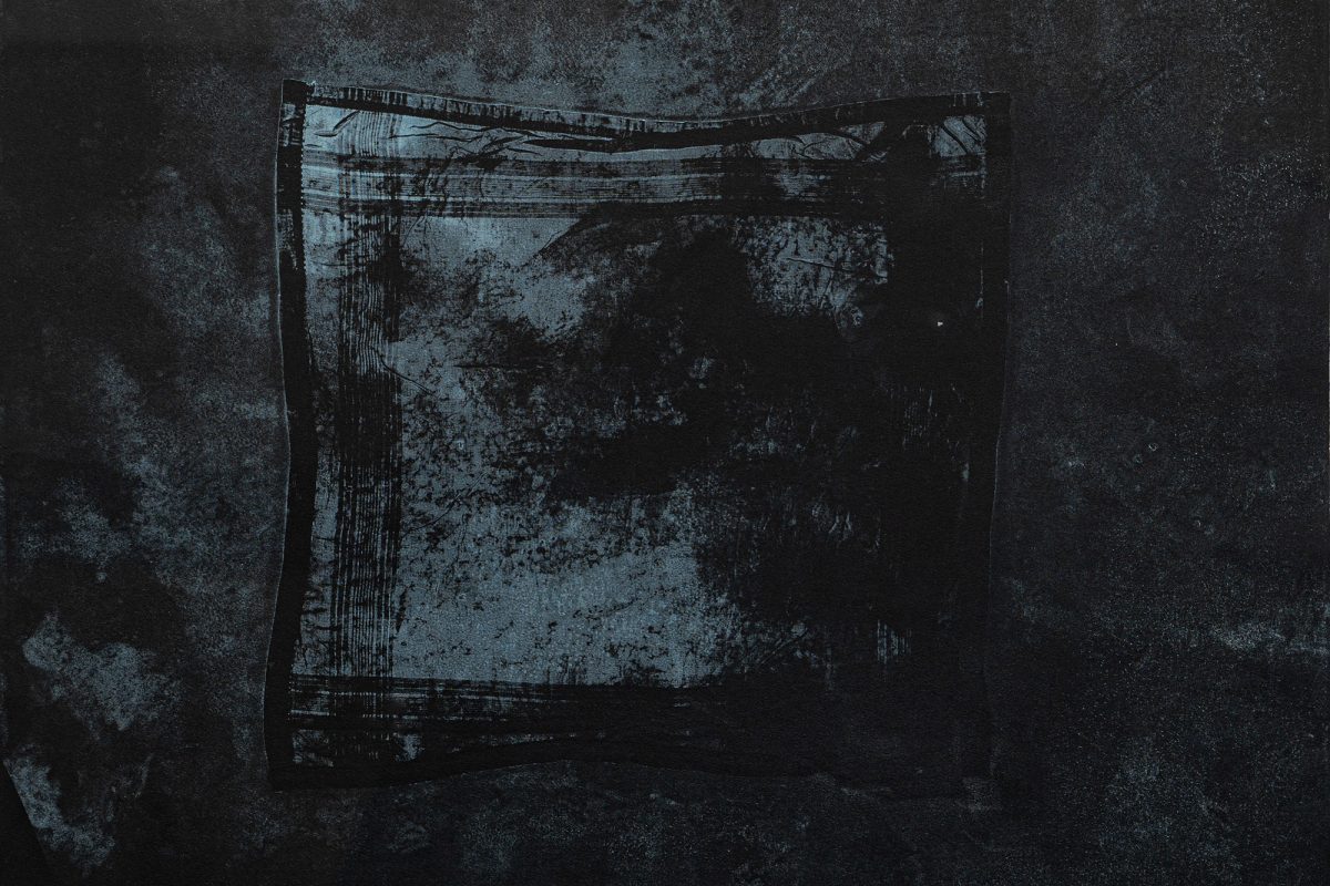 An etching by Suman featuring a hankie from her father