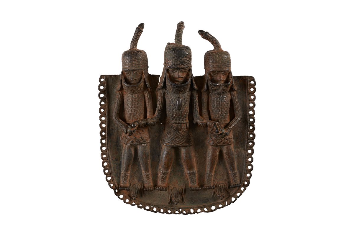 Square bronze pendant or ornament depicting three warriors