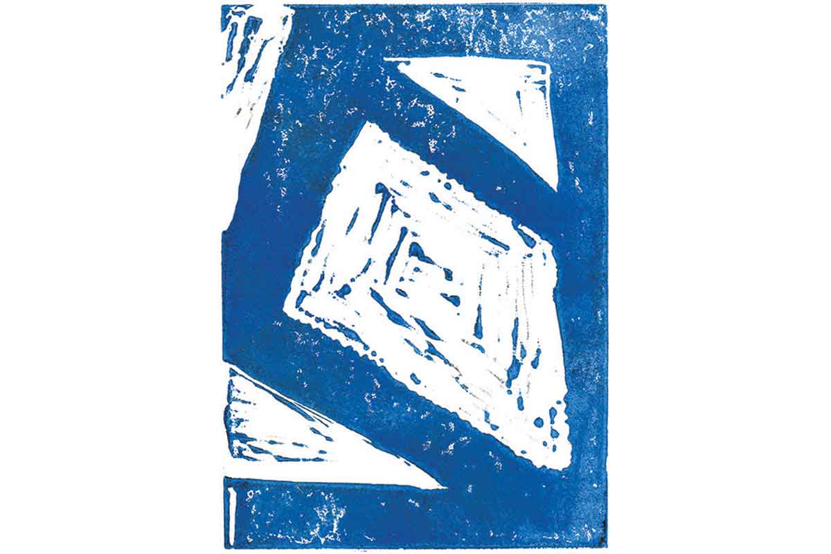 Lino print of a blue rectangle at a diagonal