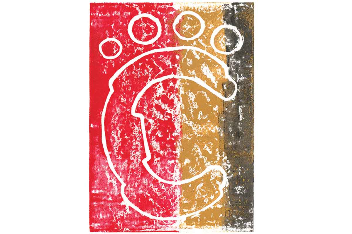 Lino print of a paw print shape with red yellow and brown striped background