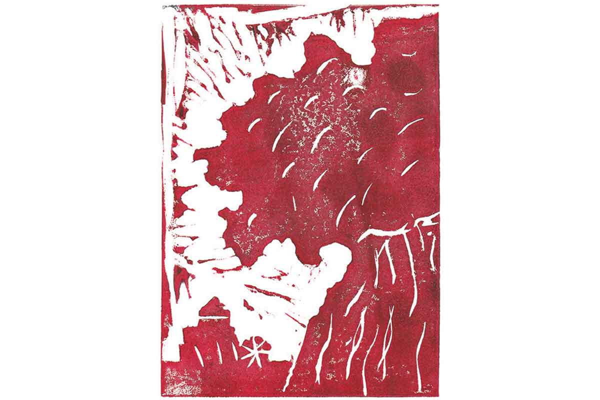 Lino print in red of a tree