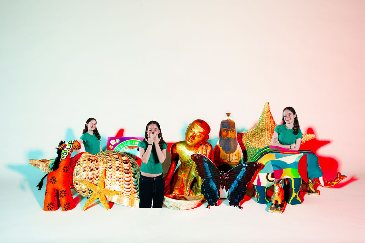 Three images of a young woman edited to look small amongst objects including a shell, a starfish, a butterfly, a colourful elephant and a horse figure