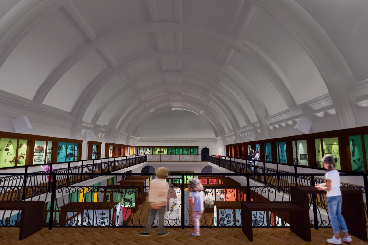 An illustration of the proposed Nature + Love Natural History Gallery Balcony redisplay